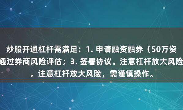 炒股开通杠杆需满足：1. 申请融资融券（50万资产门槛）；2. 通过券商风险评估；3. 签署协议。注意杠杆放大风险，需谨慎操作。